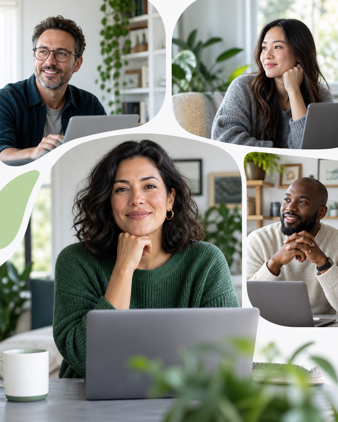 Four remote professionals working from bright home offices